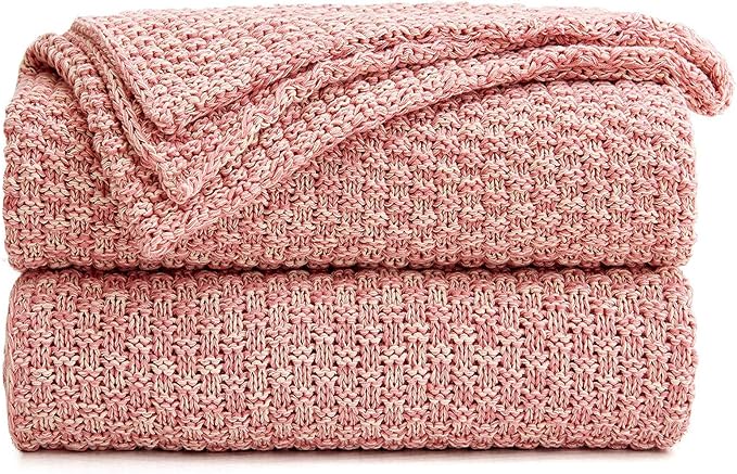 Longhui bedding 100% Cotton Knitted Throw Blanket – Pink, Soft & Cozy, Machine Washable, 51"x63" – Perfect for Living Room, Couch, Sofa, Bed or Travel