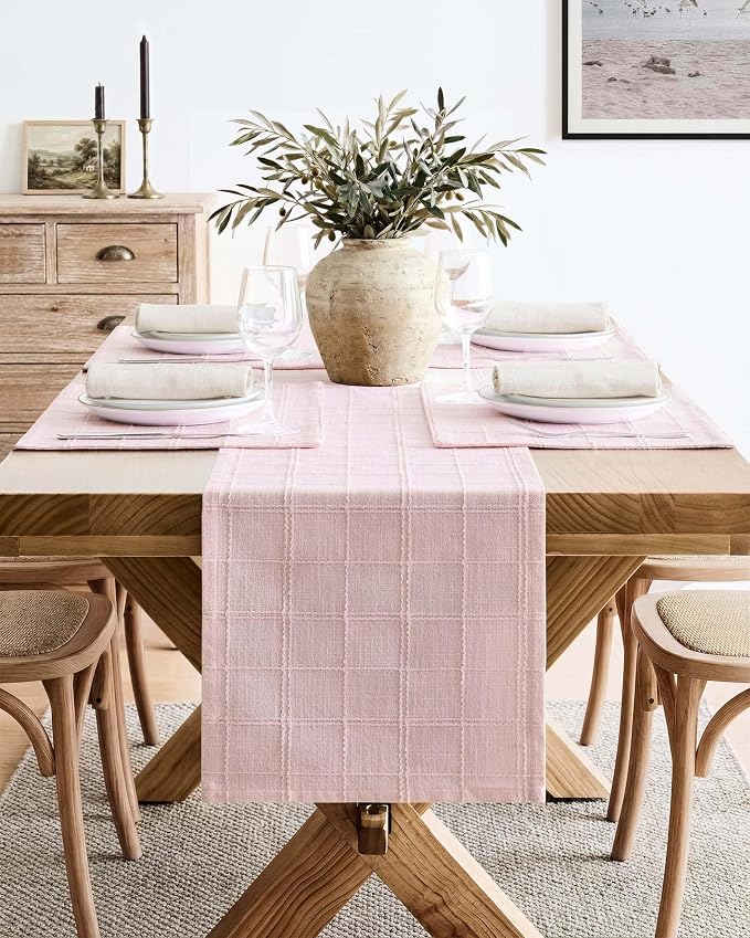 ZeeMart Linen Checked Farmhouse Table Runner, 13x108 Inches Pink | Raised Grid Design, Rich Woven Texture, Linen Blend Table Runners 108 Inches Long, Machine Washable, Boho Home Kitchen Decor