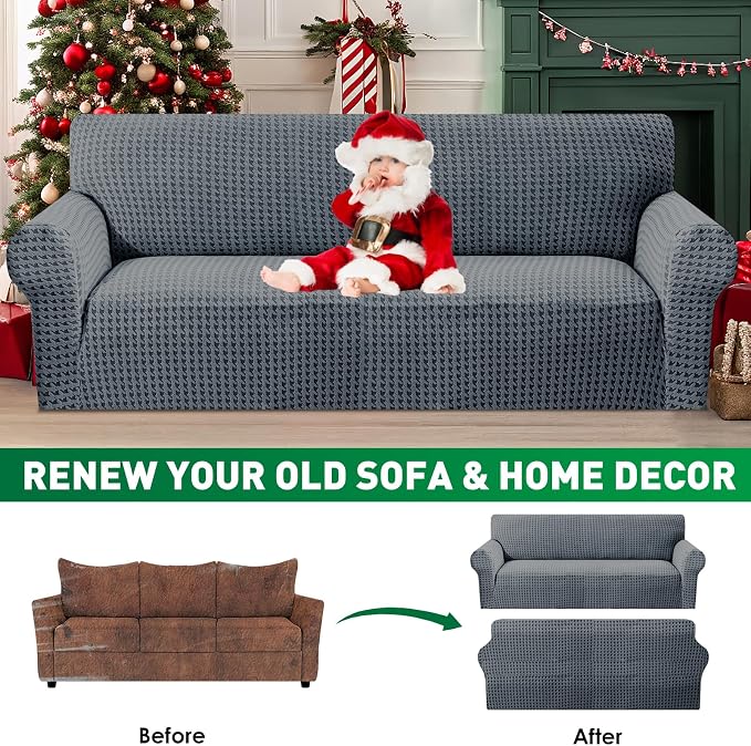 MAXIJIN Stretch Couch Cover Sofa Covers for 3 Cushion Couch (71"-91" Washable Sofa Slipcovers with Non-Slip Foam & Elastic Strap, Dog Cat Pet Friendly Furniture Protector (Large, Dark Gray)