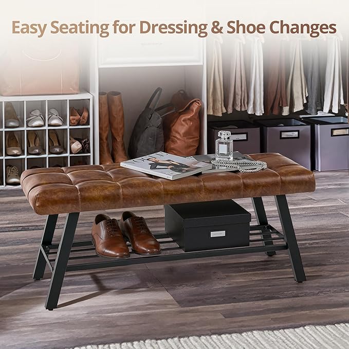 LUE BONA 45" Entryway Bench with Shoe Storage, End of Bed Bench with Tufted Faux Leather Seat, Bedroom Bench with Metal Frame, 330 LBS Capacity for Entryway, Living Room, Hallway, Brown