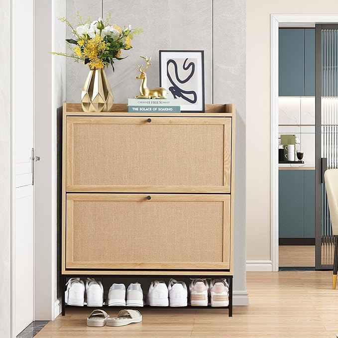 LEVNARY Shoe Storage Cabinet with 2 Flip Drawers, Wooden Narrow Shoe Cabinet Storage for Entryway, Freestanding Shoe Rack Organizer Cabinet with Metal Legs for Hallway (1, Natural Oak)
