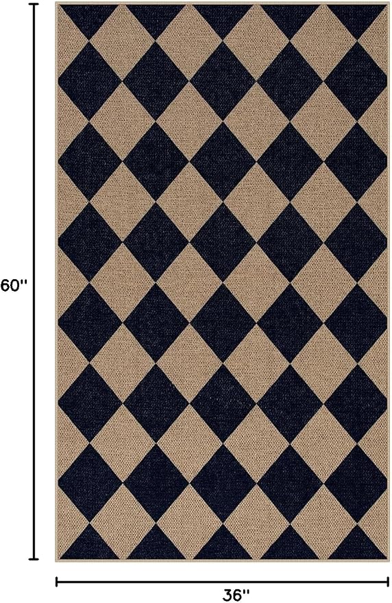 Lahome Colette Checkered Easy Jute Entry Rug, 3x5 Black Outdoor Patio Rug for Living Room Farmhouse Neutral Carpet, Washable Non Slip Indoor Door Mat Diamond Carpet for Front Door Deck Camping