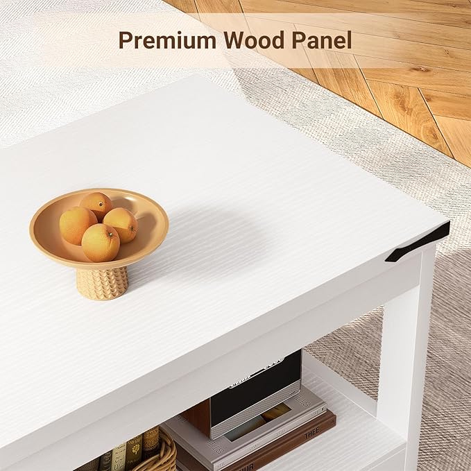 Homieasy 43.3” Rectangular Coffee Table with Storage Shelf, Farmhouse Wood Center Table for Living Room, Modern Black Tea Table with Open Shelf, White