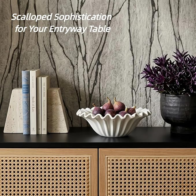 11" Scalloped Wavy Ruffle Decorative Bowl for Kitchen Counter and Table Centerpiece - Large White Fluted Aesthetic Bowl for Minimalist Entryway Console, Coffee Table (Creamy White, 11'')