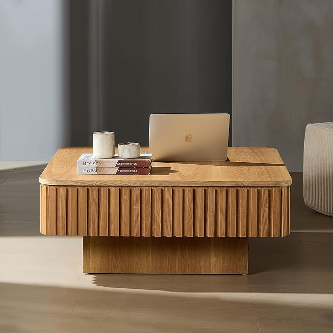 Square Storage Coffee Table with Lift Top for Living Room Office, Modern Fluted Coffee Table, 35.43" Wood Dining Center Tables with Large Hidden Space - Oak
