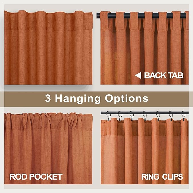 Orange Linen Curtains 72 Inch Length for Living Room 2 Panels Set Back Tab Loop Pocket Semi Sheer Copper Brown Burnt Orange Curtains for Bedroom Dining Room Gaming Playroom Sunroom Bay Window 52x72
