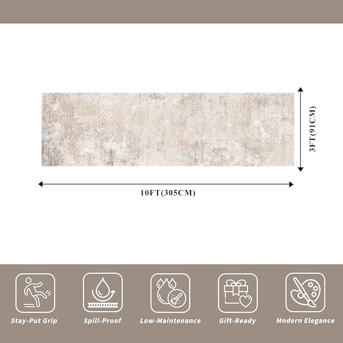 3x10 ft Washable Hallway Runner Rug – Non-Slip Long Carpet Runner for Kitchen, Indoor Entryway & Bathroom, Modern Neutral Low Pile Wide Floor Mat (Beige Grey,3x10)
