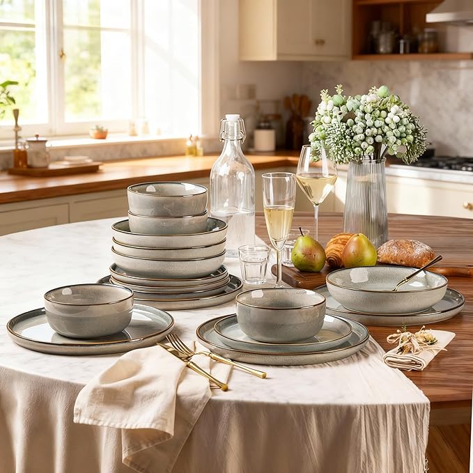 GBHOME Ceramic Dinnerware Sets for 4, 12 Pieces Stoneware Plates and Bowls Sets, Reactive Glaze Dishes -Scratch Resistant, Dishwasher&Microwave Safe, Green Wheat