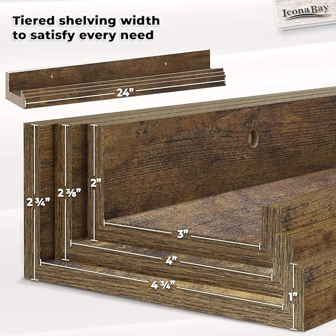 Icona Bay 24 Inch Floating Shelves for Wall - Set of 3 in Walnut Brown - Modern Rustic Style - Wall Mounted Display Shelves - Picture Ledges