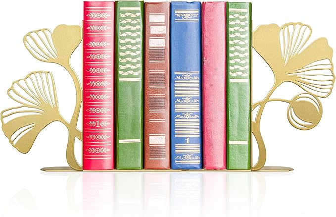 Gold Bookends – Unique Decorative Book Ends with Ginkgo Leaf Design, Cute Bookends for Shelves, Desks, or Libraries for Book Lovers