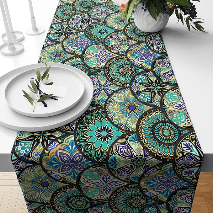 YCness Bohemian Mandala Flower Table Runner Boho Abstract Flowers Art Printed Green Table Runner Home Kitchen Dining Party Holiday Table, 13x36 Inch