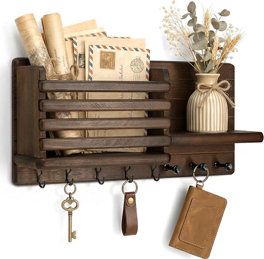 Rebee Vision Pine Wood Key Holder Wall Mount for Home Decor - Farmhouse Key Holder for Wall with 8 Hooks for Entryway, Kitchen - Mail Organizer with Round Corner for Letter, Paper & Mail (Brown)