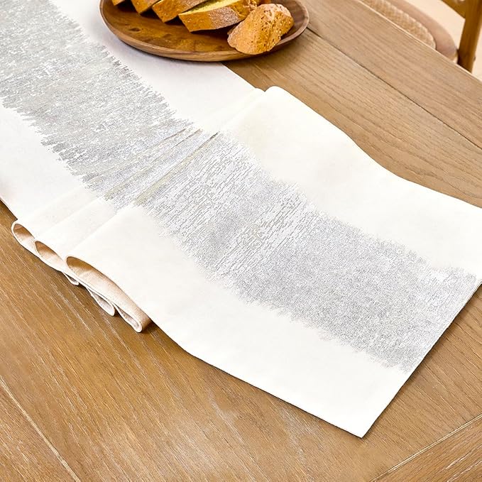 Metallic Style Table Runner, Cotton and Linen Silver Table Runners 36 inches Long,Pre-Pressed Metal Striping Process, Birthday Wedding Decorations for Home Living Room Decor(Silver, 13"x36")