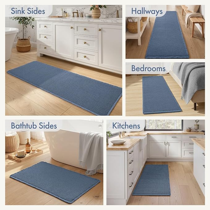 MIULEE Waffle Bathroom Runner Rugs, Super Absorbent Non Slip Bath Rug, Upgraded Soft Quick Dry Washable Boho Long Bath Mat with Tassels for Hallway Laundry Room Bedroom, 2'x4' (24"x48"), Blue