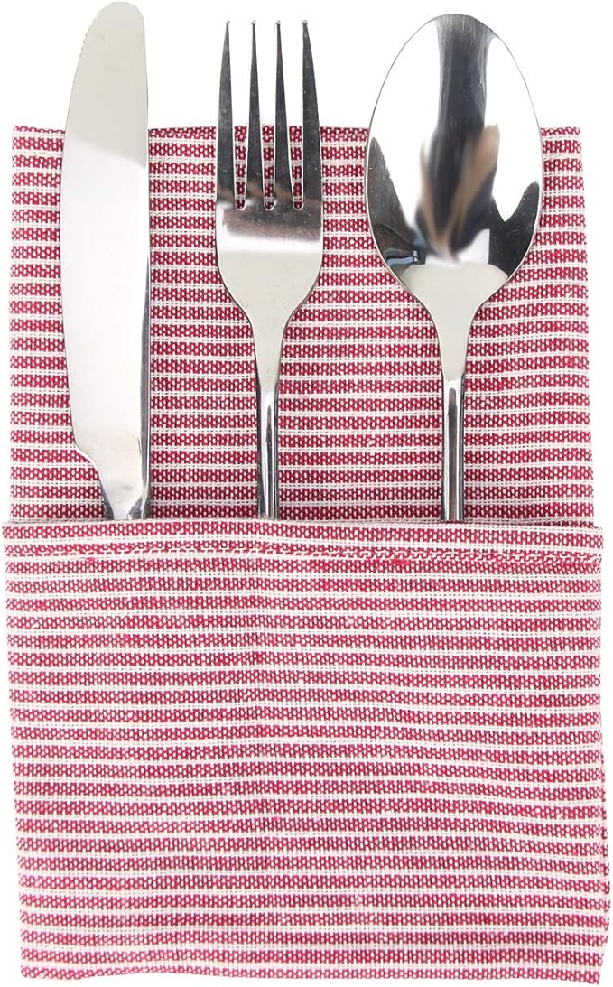Narrow Striped Cotton Linen Blended Dinner Cloth Napkins - Set of 12 (40 x 30 cm) - for Christmas Parties Events & Home Use (Red)