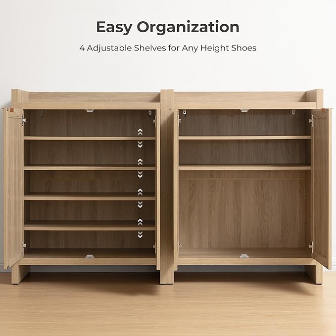SICOTAS Shoe Cabinet Set of 3, Large Capacity Shoe Storage Organizer Cabinet, Tall Rattan Shoe Cabinet with Doors and Shelves, 6-Tier Farmhouse Boho Wooden Storage Cabinet for Entryway, Light Oak