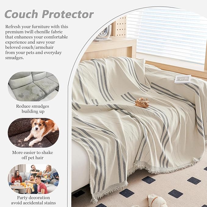 DREAMINGO Chenille Armchair Cover Jacquard Sofa Covers Washable Furniture Protector Recliner Couch Cover 1 Cushion Reversible Chair Cover Beige Light Grey Striped Couch Cover Blanket 71"x 71"