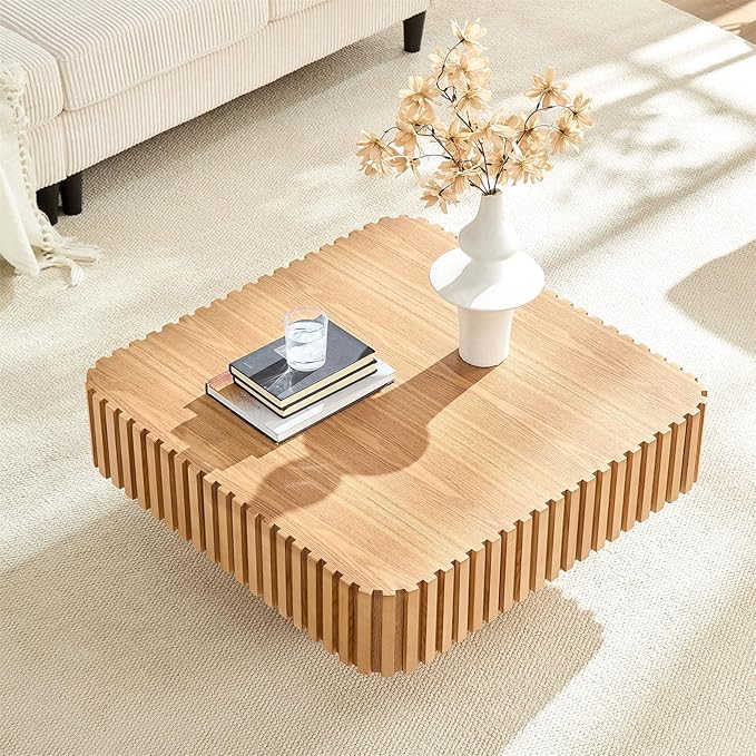 LKTART Square Coffee Table for Living Room, Accent Fluted Coffee Table with Storage, Modern Solid Wood Veneered Large Center Tea Table for Small Space Apartment (31.5''D×14''H-Natural)