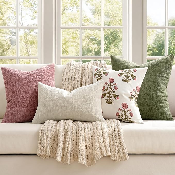 MIULEE Decorative Throw Pillow Covers 24x24 Pack of 2 White Couch Pillow Covers Soft Cozy Textured Chenille Pillowcases for Home Decor Sofa Living Room Cushion Bedroom