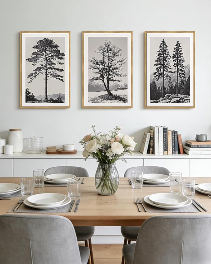 PHOPAGO Vintage Antique Tree Framed Wall Art Large 16x24in Black and White Retro Forest Wall Decor Nature Wilderness Sketch Paints Modern Decor - Natural Framed