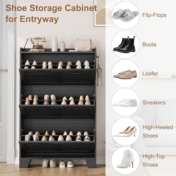 IDEALHOSUE Shoe Cabinet Storage for Entryway, Slim Shoe Storage Cabinet with 3 Flip Drawers, Freestanding Hidden Narrow Shoe Organizer Cabinet with Hooks for Entrance, Foyer, Hallay, Black