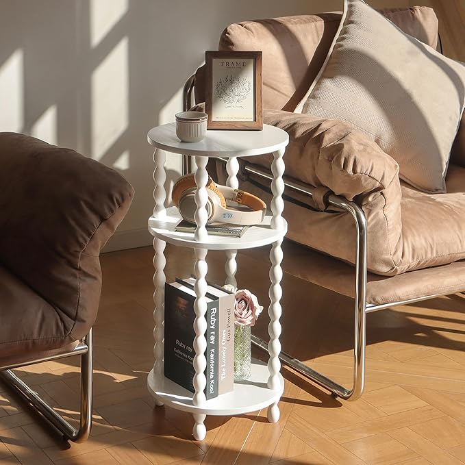 AWASEN Small Round Side Table, White End Table with 3-Tier Open Shelf for Small Spaces, Round Bedside Table Nightstand for Bedroom, Living Room, Office, White