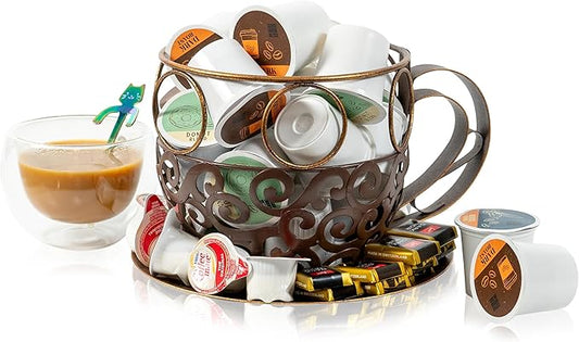 Made Easy Kit Coffee Pod Basket Organizer Practical Decoration - Compatible with Keurig K-Cup Pods & Capsules - Home Cafe Bar Decor Useful Kitchen Countertop Freestanding (Cup & Tray)