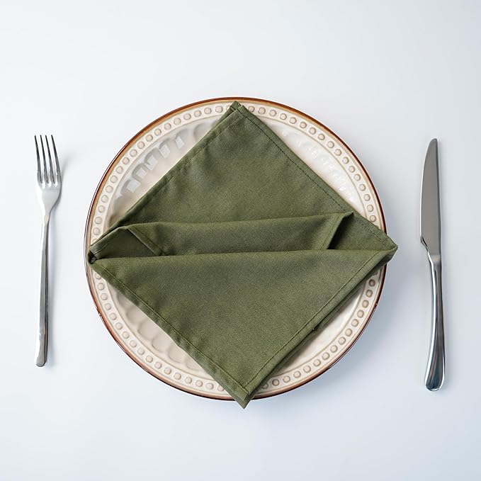 Solid Color Polyester Linen Blended Thin Dinner Napkins - Pack of 12 (40 x 40 cm) - for Events & Home Use (Army Green)