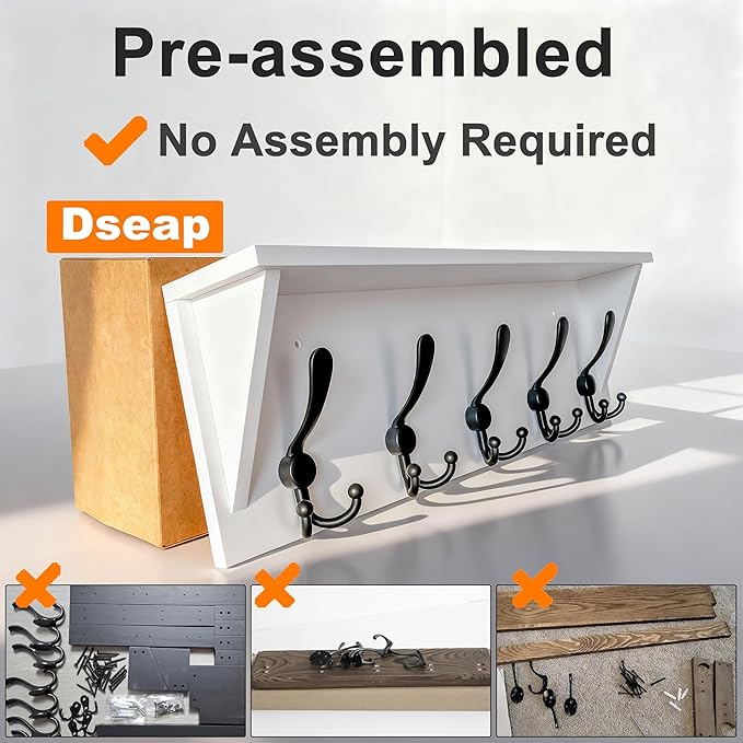 Dseap Wall Mounted Coat Rack Shelf - 24” Heavy Duty Entryway Wall Shelf with 5 Tri Hooks - Solid Pine Wood - for Entryway, Mudroom, Kitchen, Bathroom