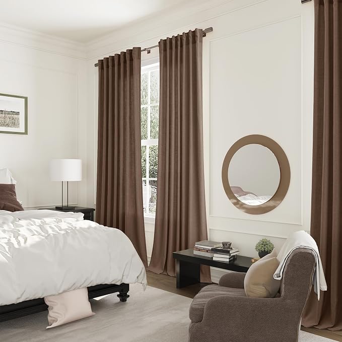 Joywell Caramel Brown Linen Curtains 120 Inches Length Light Filtering Neutral Farmhouse Boho Rod Pocket Back Tab Hook Belt Clip Rings Semi Sheer Window Drapes for Bedroom Living Room 52x120