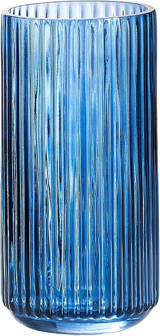 TIMEFOTO 7.5 inch Blue Glass Flower Vase for Pampas Grass, Medium Decorative Centerpiece Ribbed Vase for Dining Table, Office Desktop, Shelf Bookshelf, Mantel, Entryway, Bathroom, Countertop,Gift