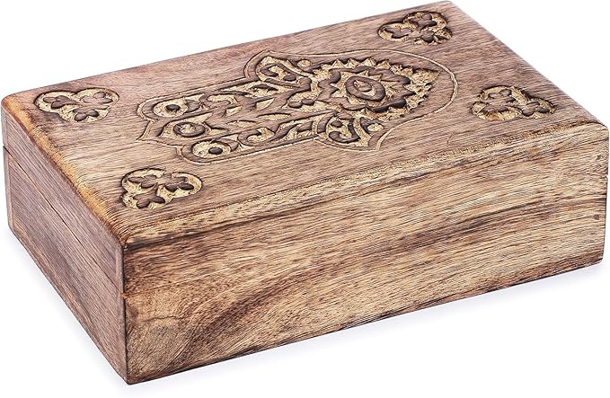 Ajuny Handcrafted Wooden Jewelry Box Hamsa Design Carving Solid Multipurpose Keepsake Storage Travel Organizer Treasure Chest Vintage Decorative Trinket Holder Gifts 8x5 Inch