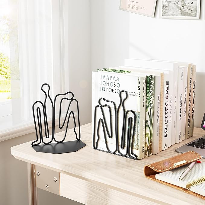 Alsonerbay Thinker Decorative Book Ends for Shelves, Metal Novelty Bookends with Non-Slip Base, Heavy Duty Book Stoppers for Home Office Decor (Black, 1 Pair)