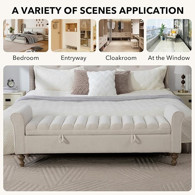 65.55" Oversize Storage Ottoman Bench, Fleece Upholstered End of Bed Benches with Rolled Armrest, Modern King Size Benches with Rolled Armrest, Window Bench (Beige+Single-Cover)