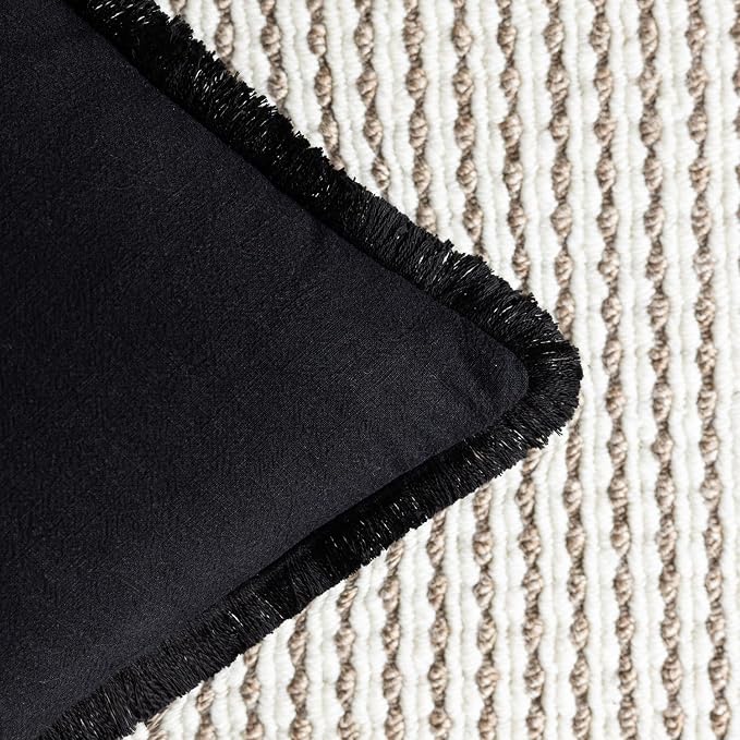 Foindtower Set of 2 Decorative Linen Fringe Throw Pillow Covers Cozy Farmhouse Boho Cushion Cover with Tassels Soft Accent Pillowcase for Couch Sofa Bed Living Room Home Decor 20×20 Inch Black