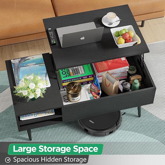 PayLessHere 39" Lift Top Coffee Table with Adjustable Storage and Hidden Compartment Small Wood Coffee Table Center Table for Home Living Room Office Apartment Reception Room,Black