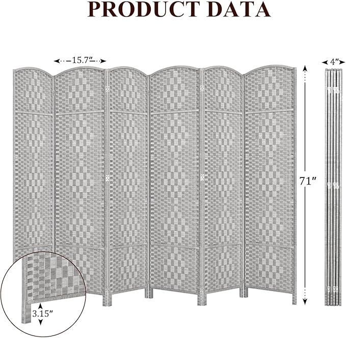 HALLYBEE Room Divider, Room Dividers and Folding Privacy Screens, 16in Privacy Screen, 6 Panel Temporary Wall Partitions, 6ft Space Separation Panel Screen, Stone Grey