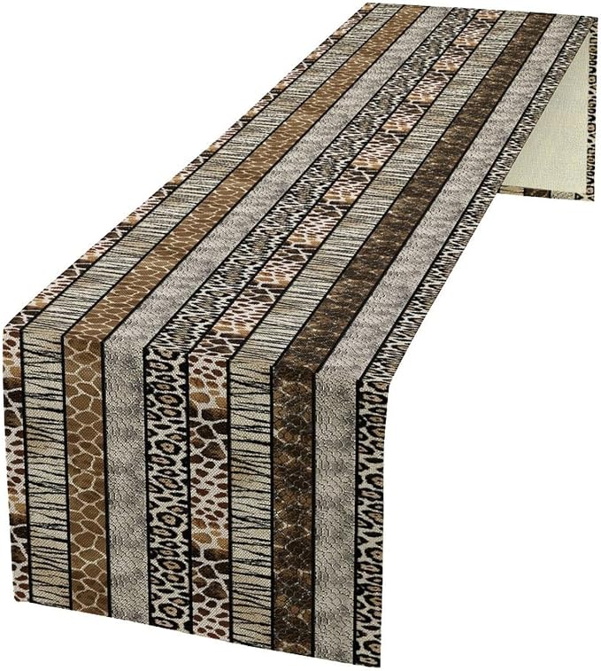 Animals Table Runner,African Wildlife Fierce Leopard Tiger Fur White Brown Zebra Skin Pattern Table Runner for Coffee Table Dining Room Table Bedroom Party Holiday Decor 13x60inch