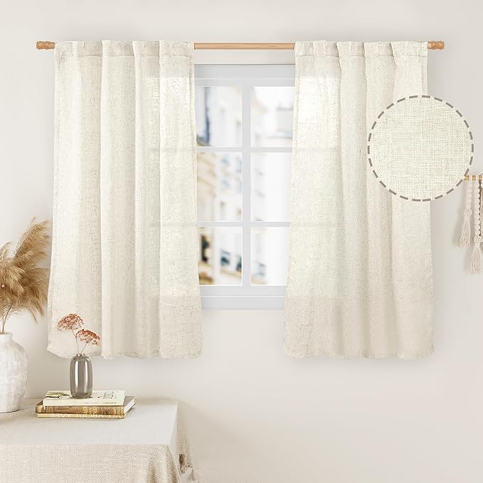 LAMIT 54 Inch Short Window Linen Curtains, Cream Ivory Light Filtering Panels Back Tab and Rod Pocket Neutral Drapes for Bedroom/Living Room, Natural, 2 Panels, 34 x 54 Inch