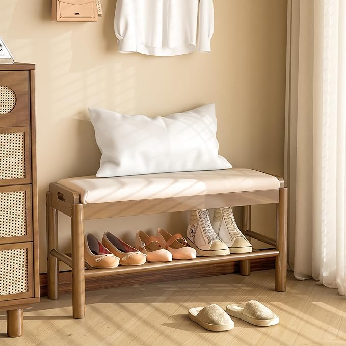 Shoe Storage Bench with Cushion - 2 Tier Shoe Rack for Front Door Entrance, Wood Shoes Rack, Entryway Bench with Shoes Storage for Closet,Hallway,Bedroom&Living Room(Walnut, 31.5" W)