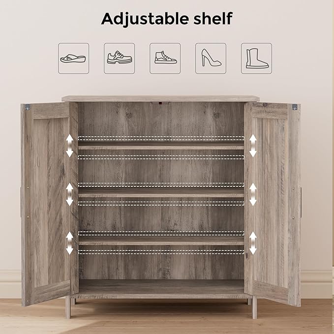 Homleke Farmhouse Shoe Cabinet with 2 Barn Doors & Wood Legs, 5-Tier Shoe Storage Cabinet with 3 Adjustable Shelves, Tall Shoe Rack Organizer for Closet, Shoe Organizer for Entryway, Hallway, Greige