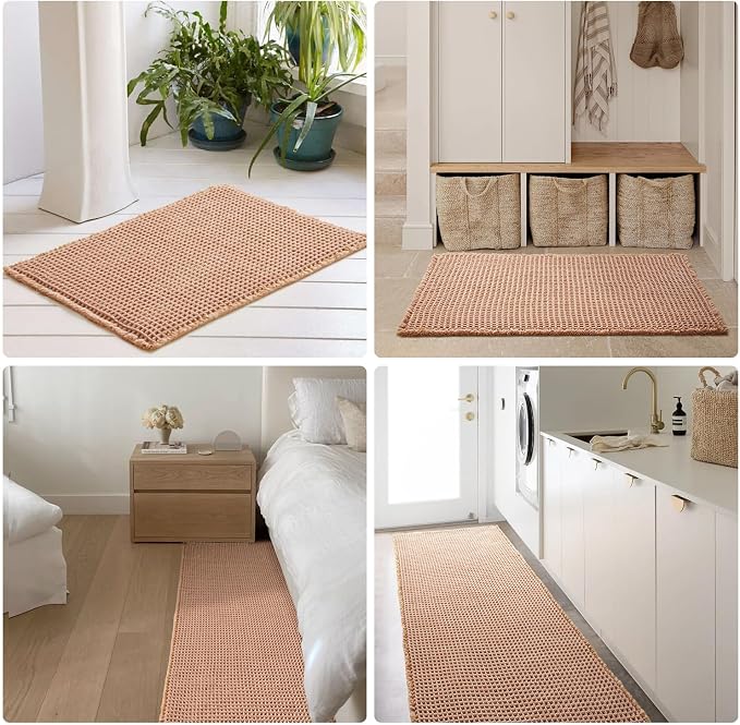 TYUU Waffle Bath Mat, Boho Bathroom Rugs Non Slip Washable Super Absorbent Quick Dry Bath Mat Farmhouse Bathroom Decor, 36"x24" Light Peach