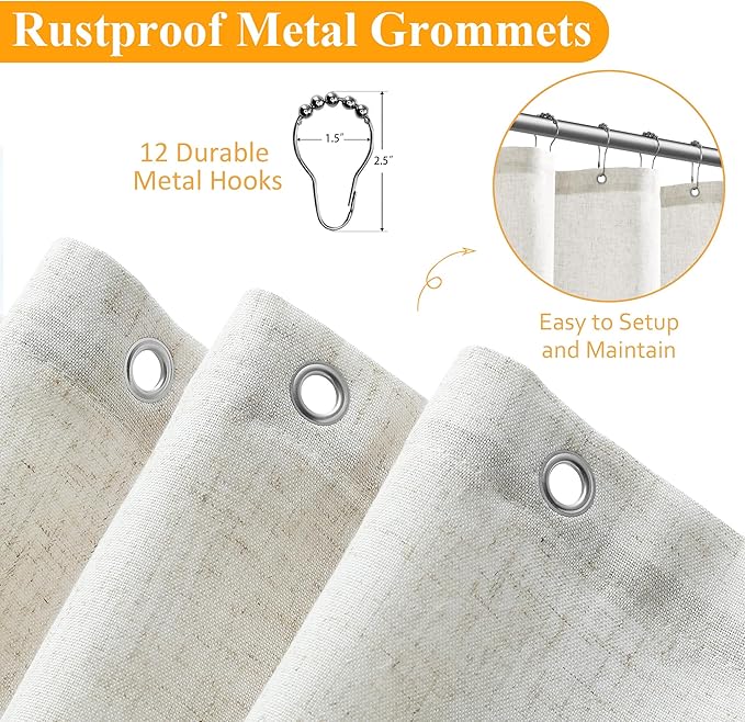 Naturoom Cream Linen Shower Curtain 76 Inch Long Weighted Fabric Bath Shower Curtain Set with Hooks, XLong Tall Boho Farmhouse Beige Curtains for Bathroom, 72x76