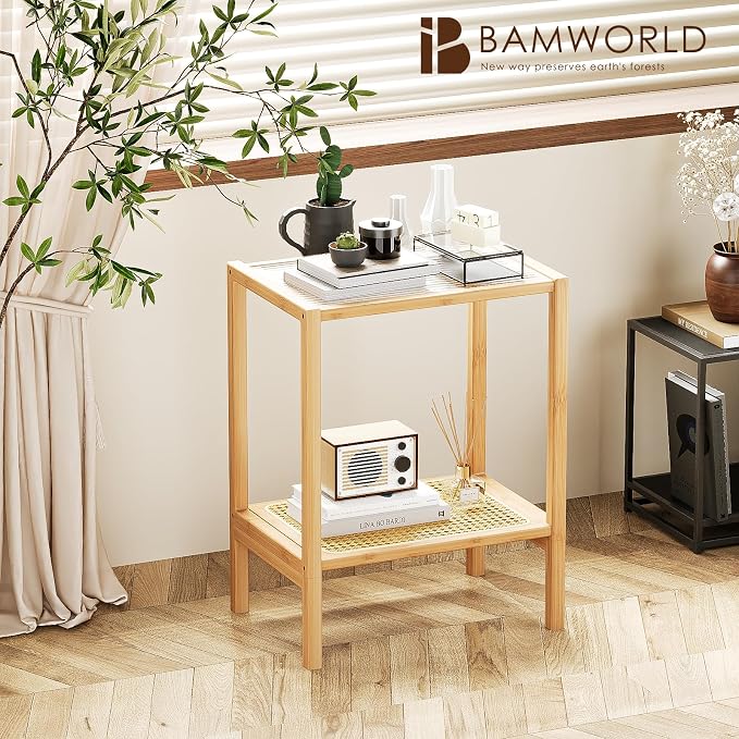 Bamworld Side Table Nature Rattan Night Stand Glass End Table 2-Tier with Storage Boho Bedside Table for Small Spaces Bamboo Coffee Table for Bedroom Living Room