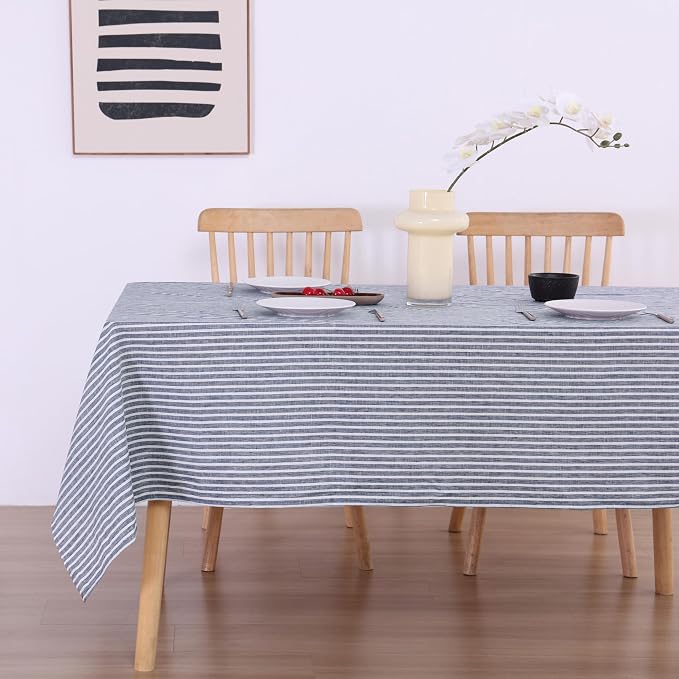 100% French Flax Linen Tablecloths Rectangle 132Lx60W Inch for Dinners, Parties, Easter, Halloween, Camping, Stone Washed, Textured, Machine Washable, 12-14 Sets (60''x132'', Blue Stripe)