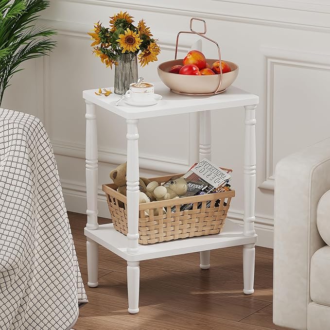 LUCKNOCK Small Side Table for Small Spaces, Vintage End Table, Narrow Couch Side Table with Storage, Skinny Nightstand Bedside Table for Bedroom, Living Room, Farmhouse, No-Tool Assembly. (White)