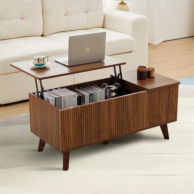Mid Century Modern Lift Top Coffee Table with Storage for Living Room, Bedroom, Rectangle Low Fluted Coffee Table with Drawers, Contemporary Pop Up Cofee Table Convertible Rising (Walnut)