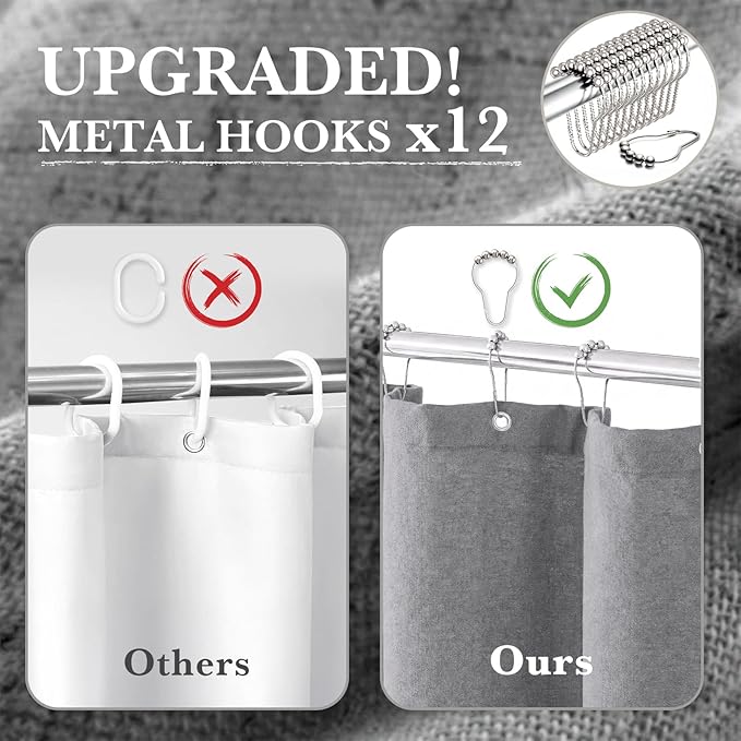 Seasonwood Linen Shower Curtain Neutral Vintage Farmhouse Linen Shower Curtains for Bathroom Boho Bathroom Decor with 12 Sturdy Stainless Steel Sliding Hangers(Grey,72x72 Inches)