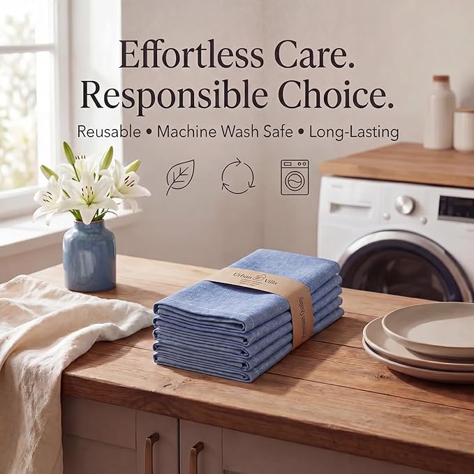 Urban Villa Cloth Napkins 100% Cotton Highly Absorbent Washable Reusable Premium Dinner Napkins Ideal for Gifts for Mothers Day Hotel Farmhouse Parties - Blue/White Chambray (20" x 20", Set of 12)