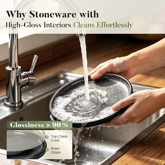 Kitchen Academy Fluted Ceramic Dinnerware Sets for 4, 16Pcs Stoneware Plates and Bowls Sets Non Toxic, Black Dishes Set, Oven & Microwave & Dishwasher Safe